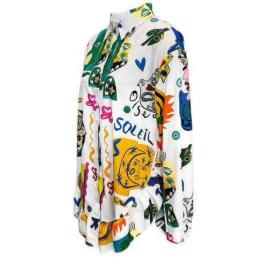 Abstract Graphic Print Loose Ruffled Hem Shirt