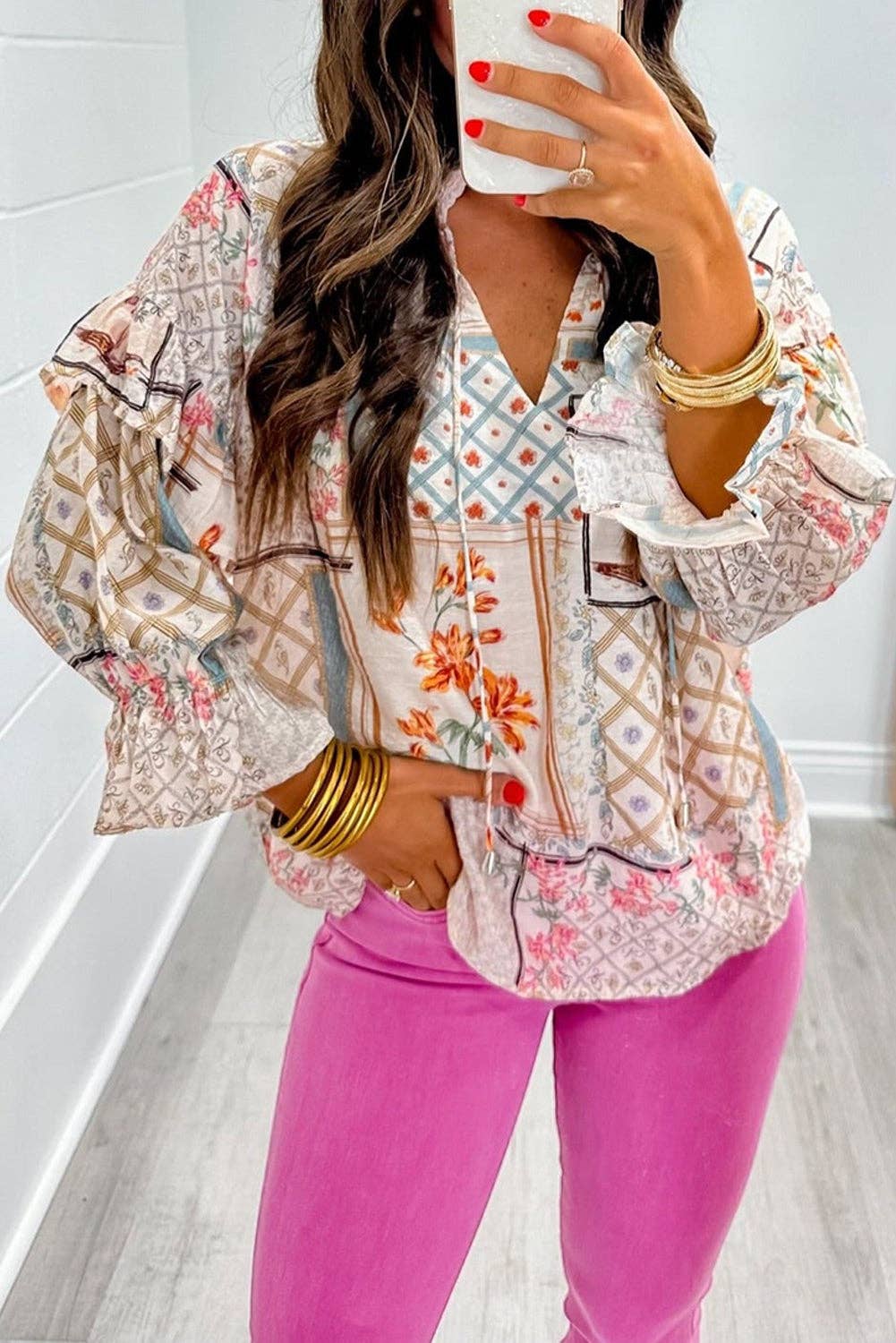 Floral Ruffle Sleeve Tied Neck Blouse: Multicolour