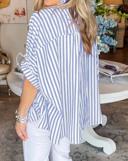 Stripe Dolman Sleeve Oversize Shirt: Sky Blue Stripe