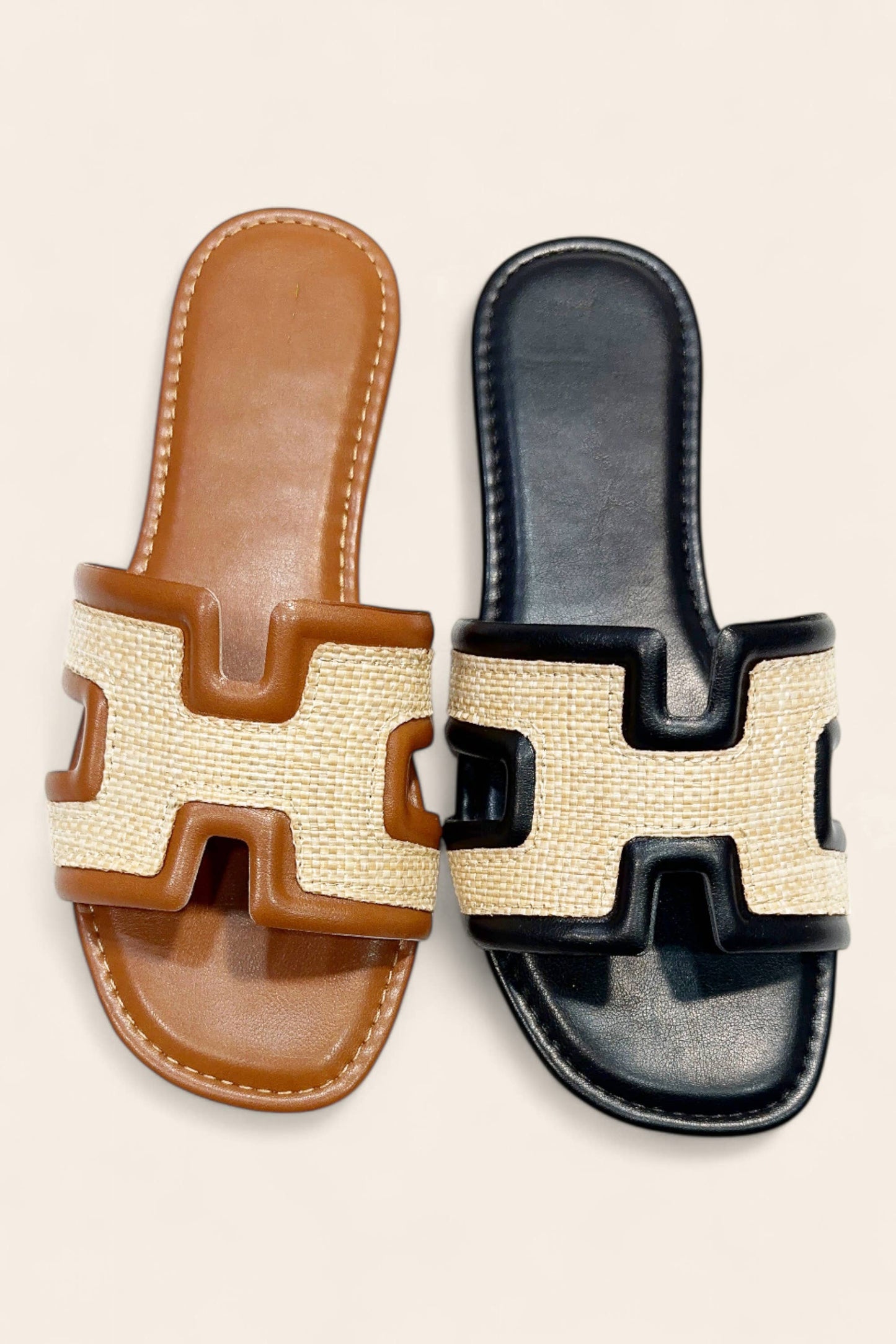 H-SHAPED CUTOUT WOVEN UPPER SLIDE SANDAL: CHESTNUT