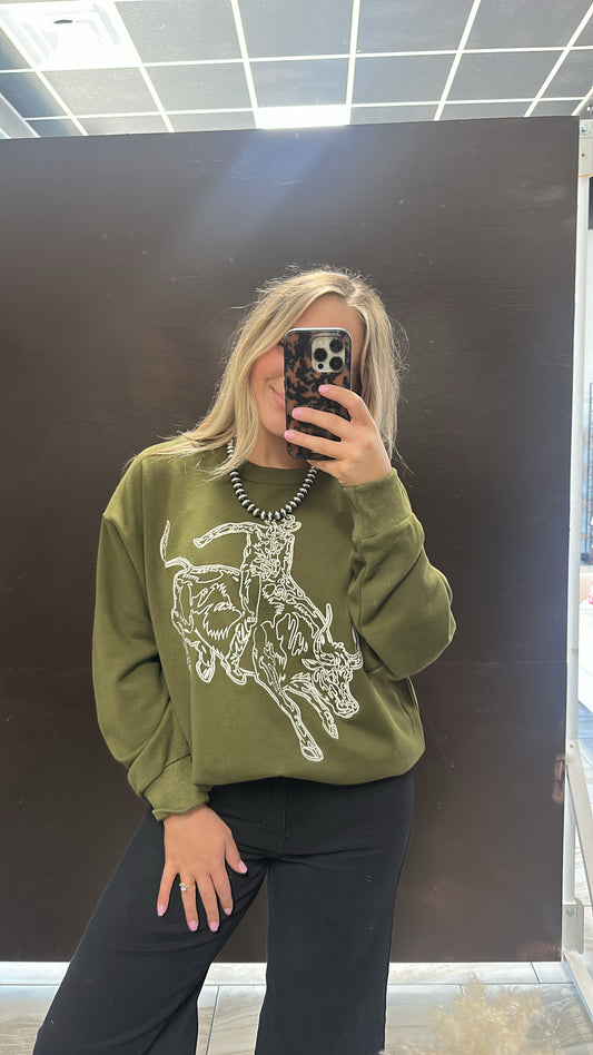 Embroidered Western Pullover Sweatshirt - Forest Green