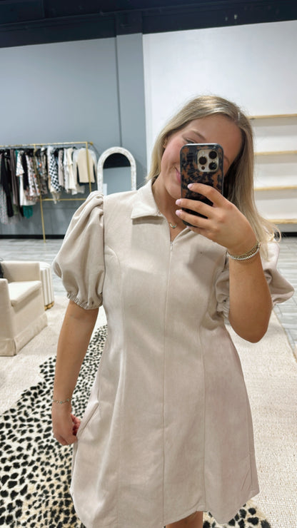 Cream Puff sleeve Suede Dress