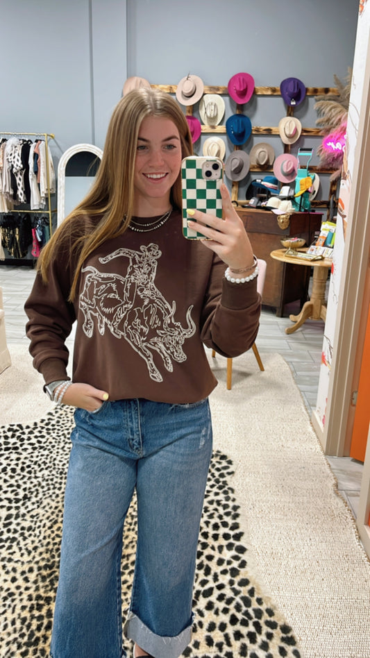 Embroidered Western Pullover Sweatshirt-Brown