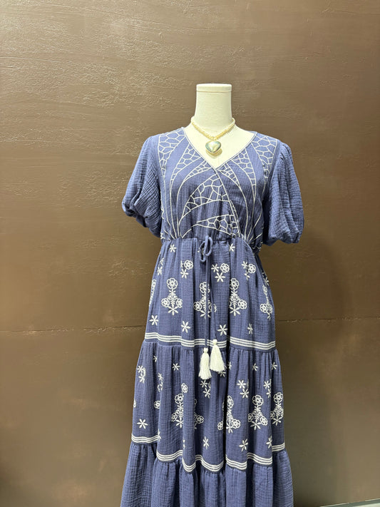 Blueberry Bubble Sleve Embroidered Dress