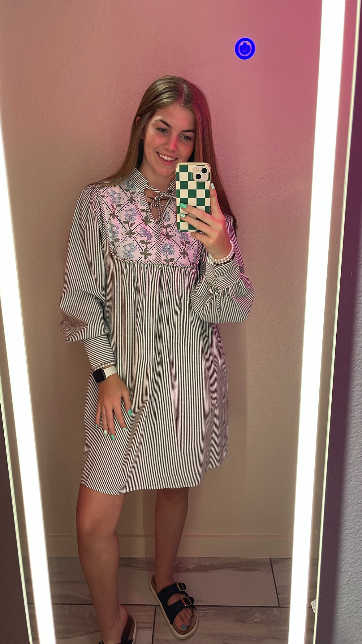 Stripe Floral Long Sleeve Dress: Black Stripe