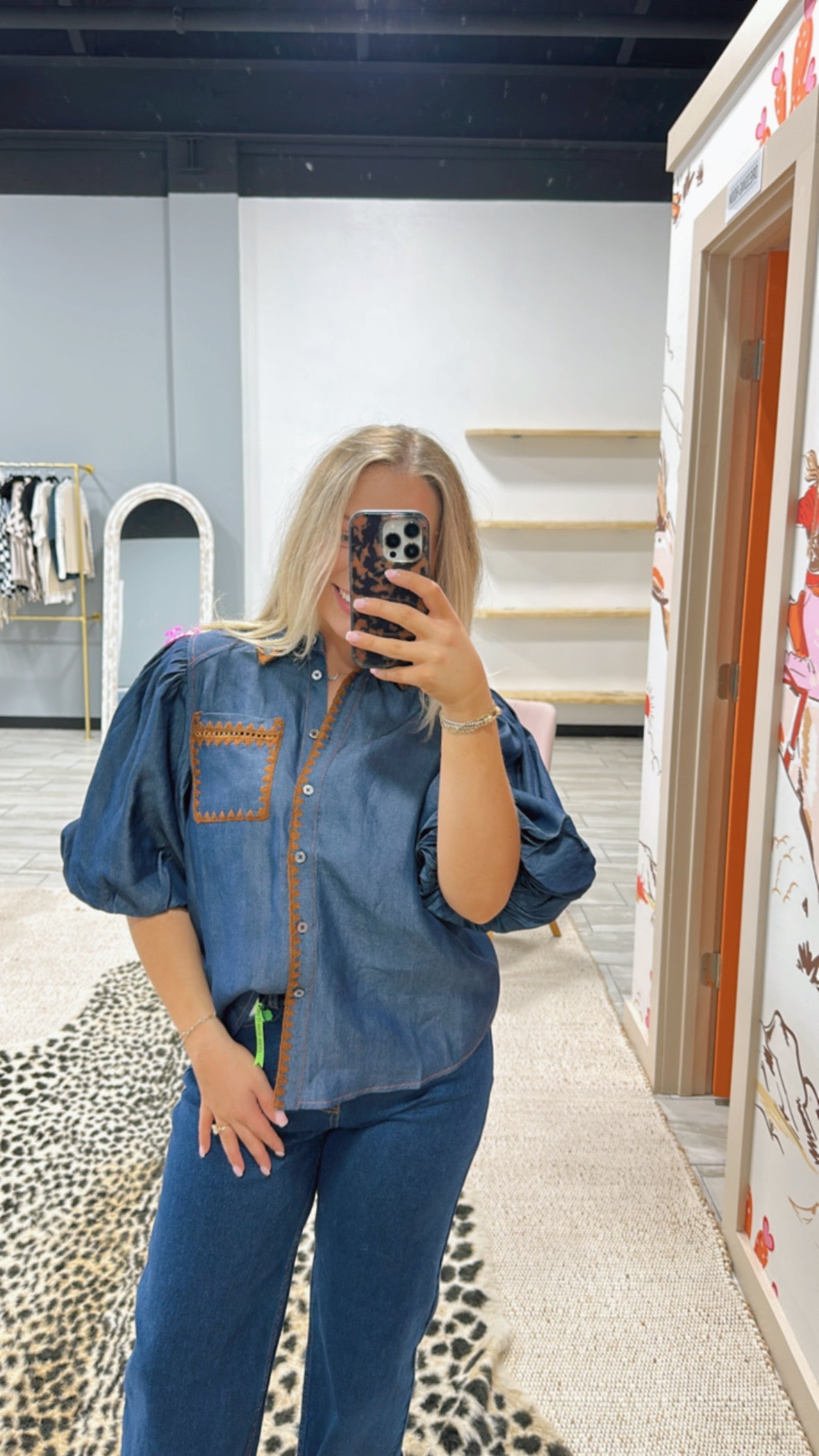 The Denim Embroidered Puff Sleeve Top