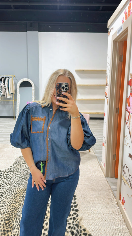The Denim Embroidered Puff Sleeve Top