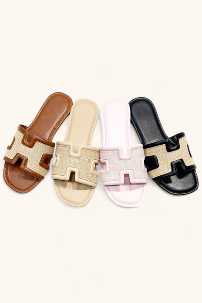 H-SHAPED CUTOUT WOVEN UPPER SLIDE SANDAL: CHESTNUTj