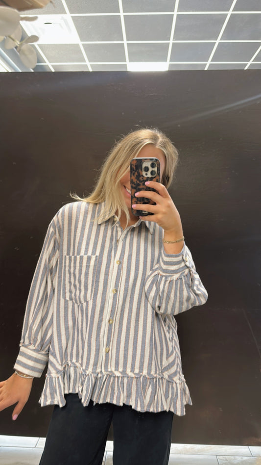 Striped Ruffle Long Sleeve Button Up