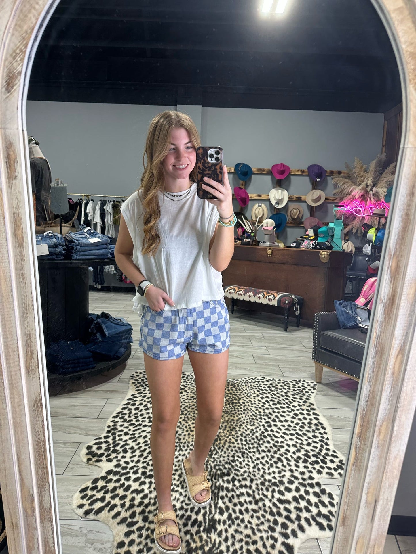 Checkered Denim Shorts