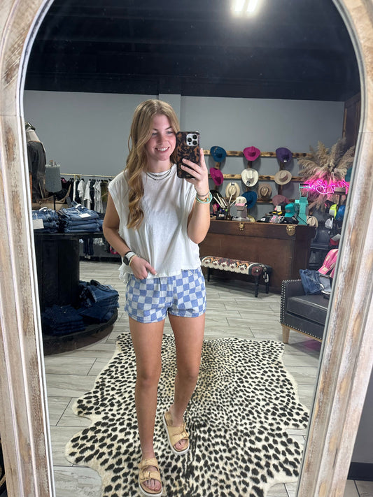 Checkered Denim Shorts