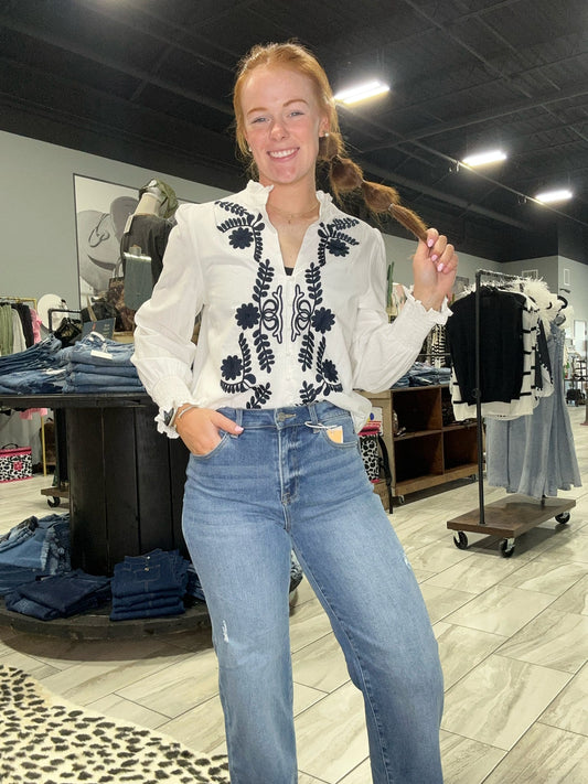 White Floral Embroidered Button Up