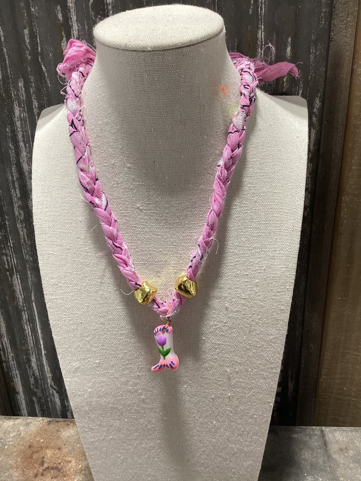 Bandana Boot Charm Necklace - Light Pink