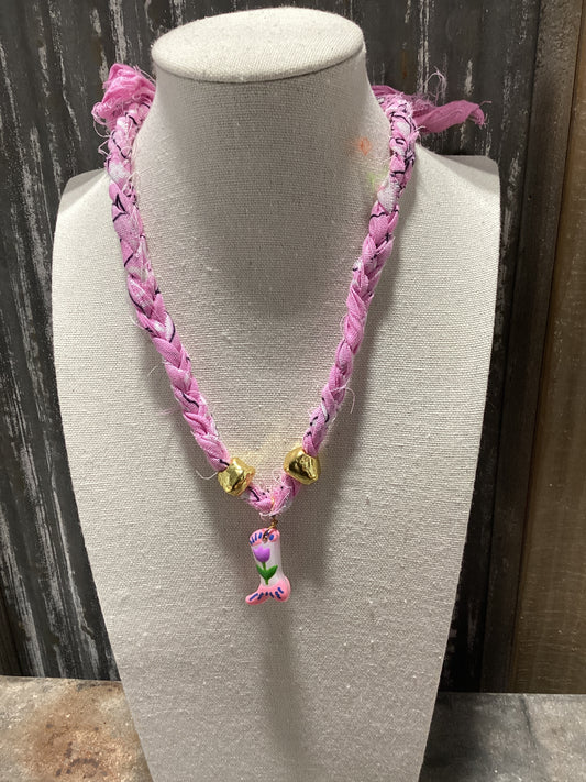 Bandana Boot Charm Necklace - Light Pink