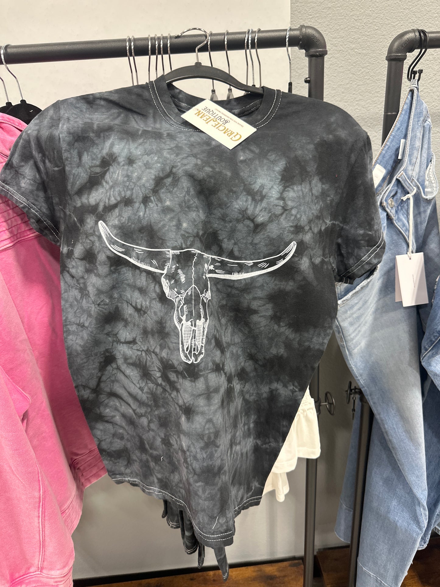 Black Acid-Dyed Longhorn Skull T-Shirt