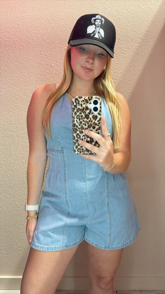 Ladies Denim V-Neck Cami Mini Romper - Light Blue
