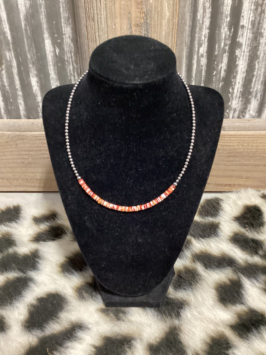 Orange Spiny Oyster and Sterling Silver Pearls - 15 inch