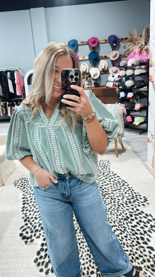 Green Puff Sleeve Gingham Top