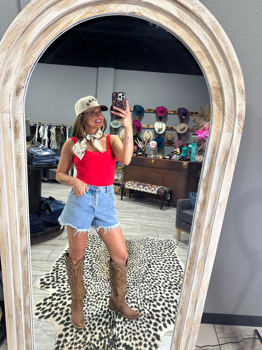 Wide Strap Back Tie Bodysuit - RED