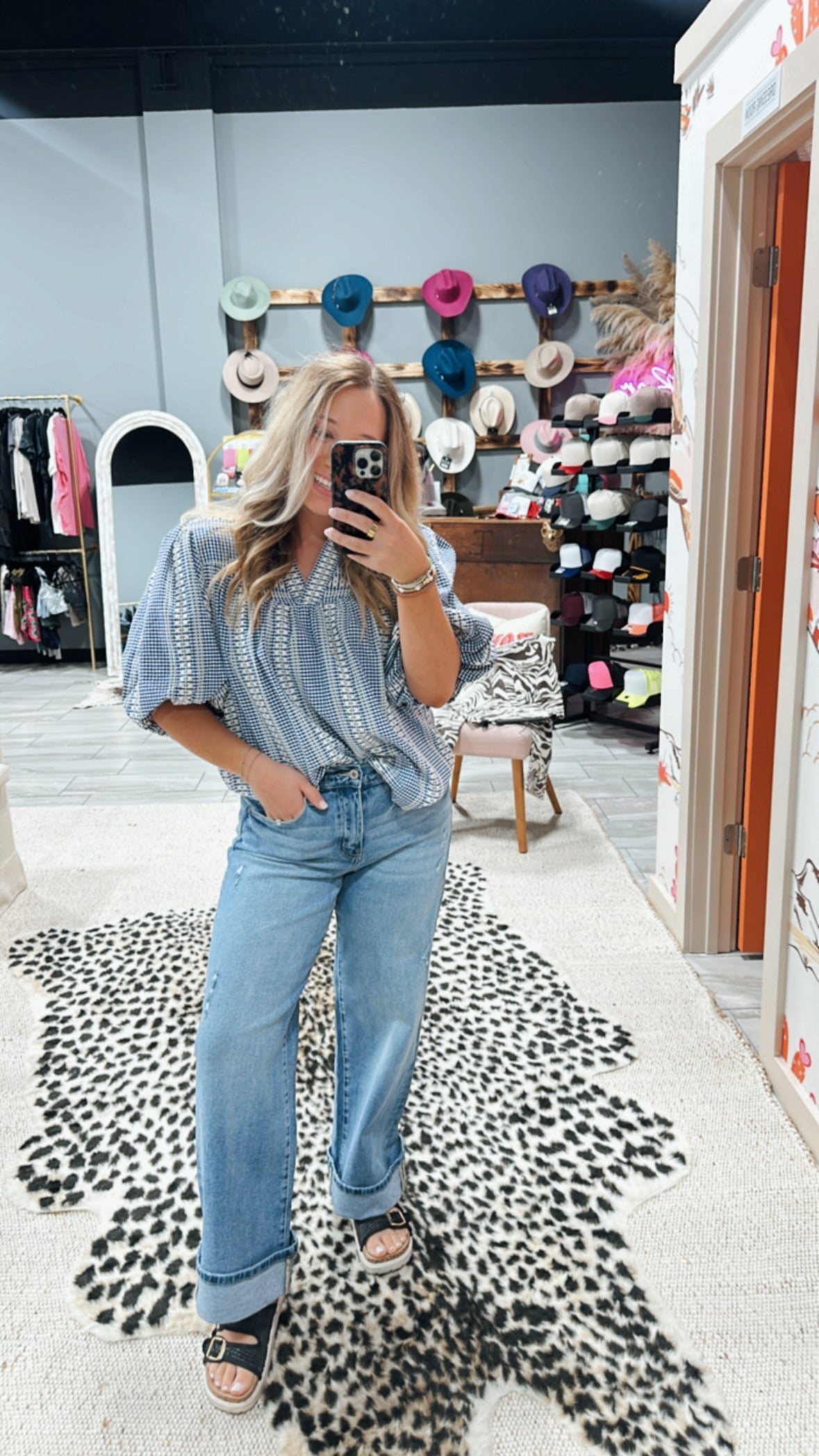 Blue Puff Sleeve Gingham Top
