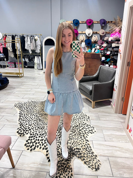 Boat Neck Sleeveless Low Waist Denim Dress