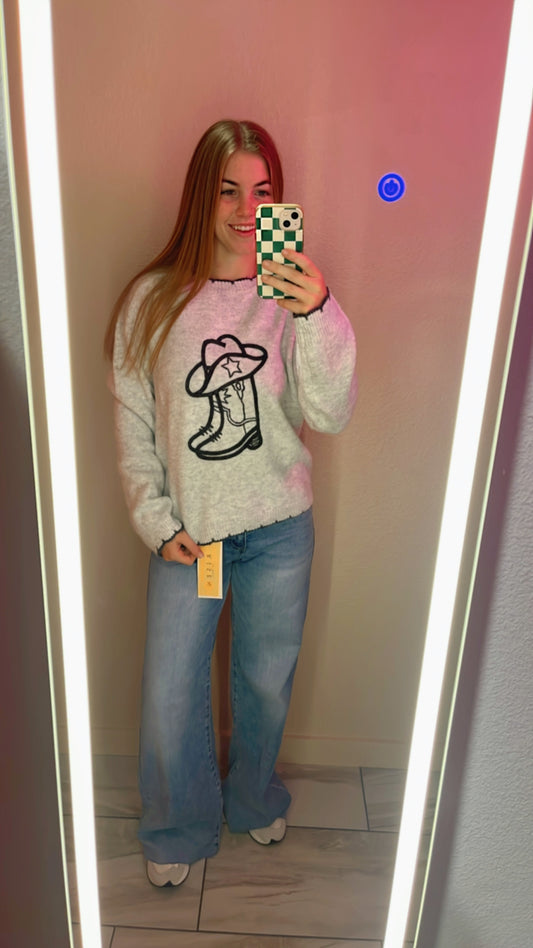 Chain Stitch Boot Sweater - Light Grey