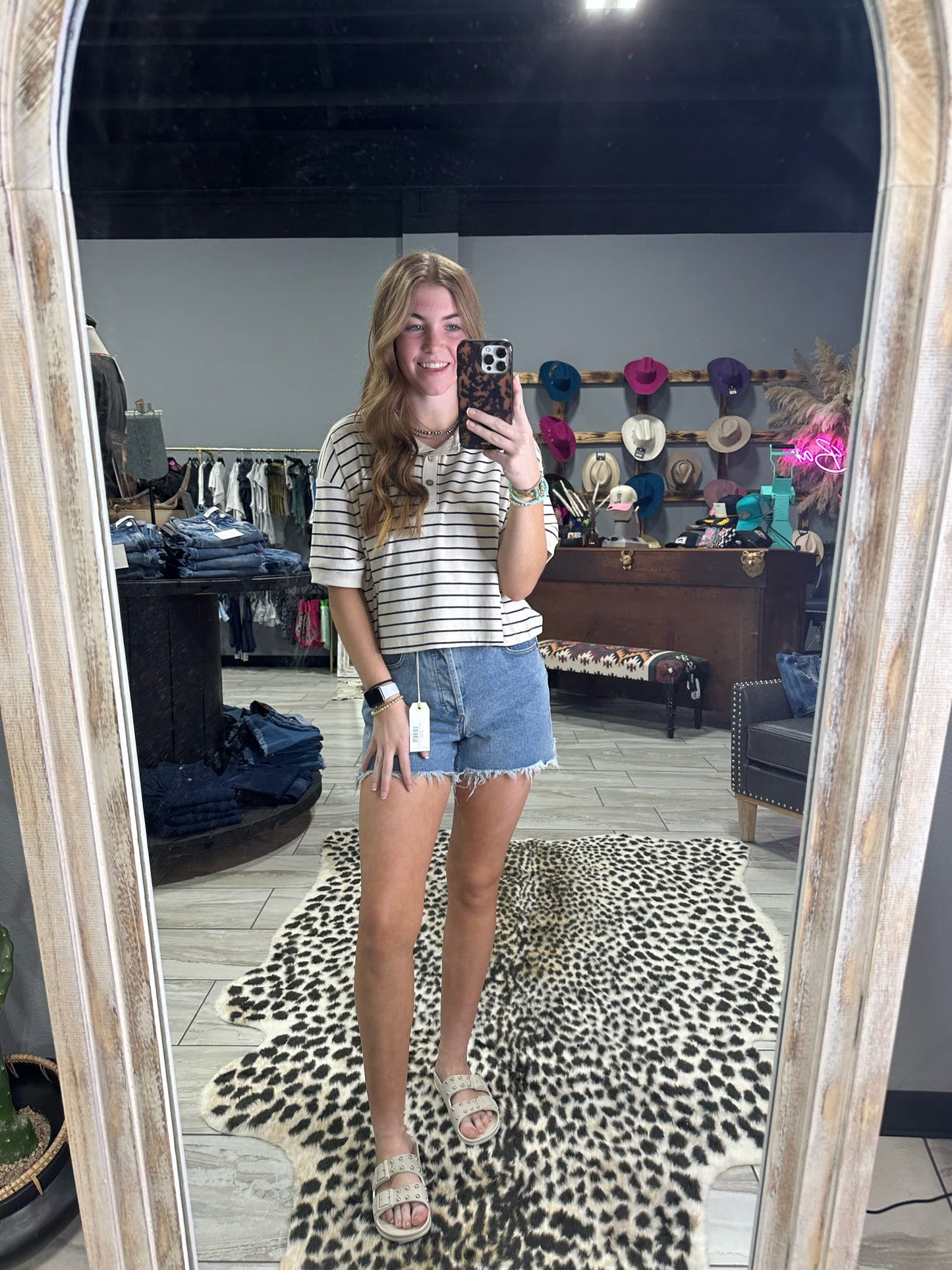 Cream and Black Striped Collared Cropped Shirt