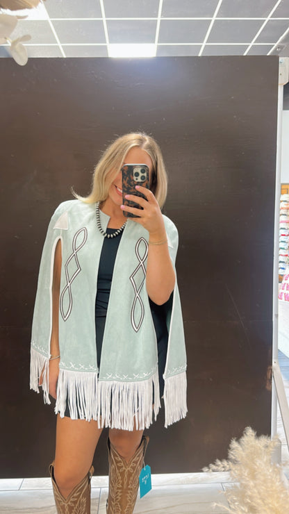 Fringe Detail Open Cape Jacket - Blue