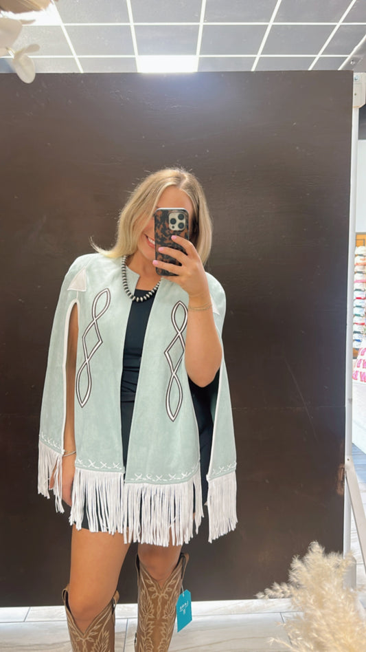 Fringe Detail Open Cape Jacket - Blue