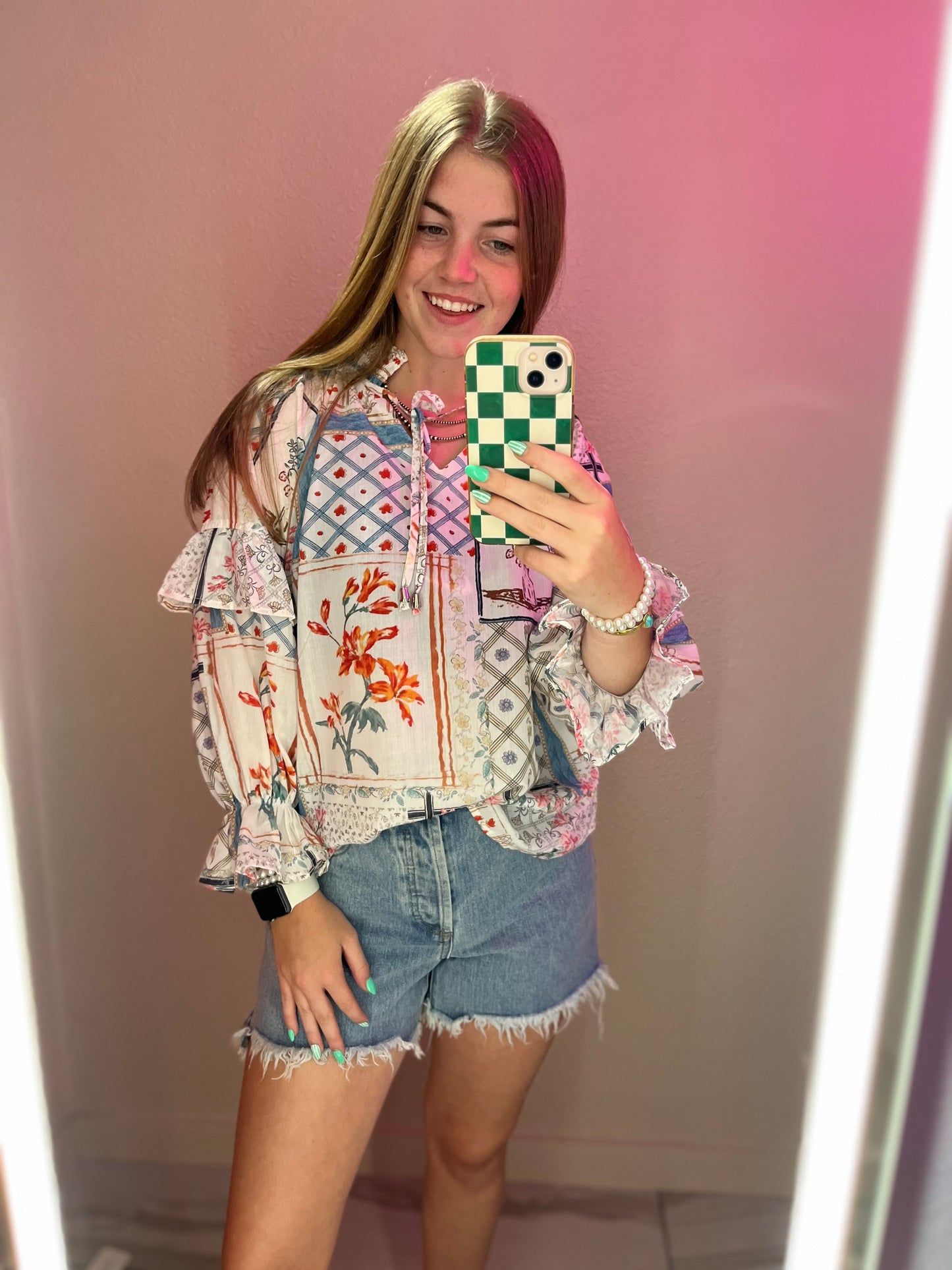 Floral Ruffle Sleeve Tied Neck Blouse: Multicolour