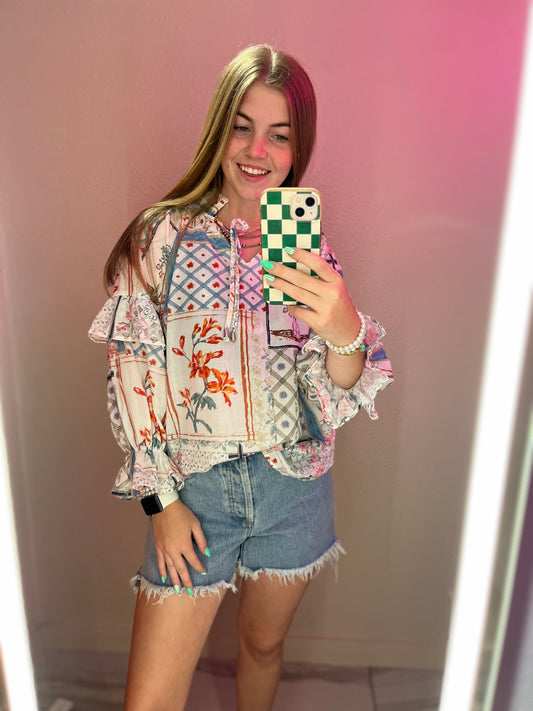 Floral Ruffle Sleeve Tied Neck Blouse: Multicolour