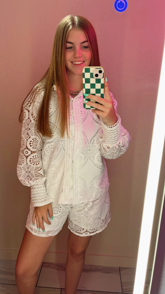 Lace Solid Color Top and Short Set Daily Set - White