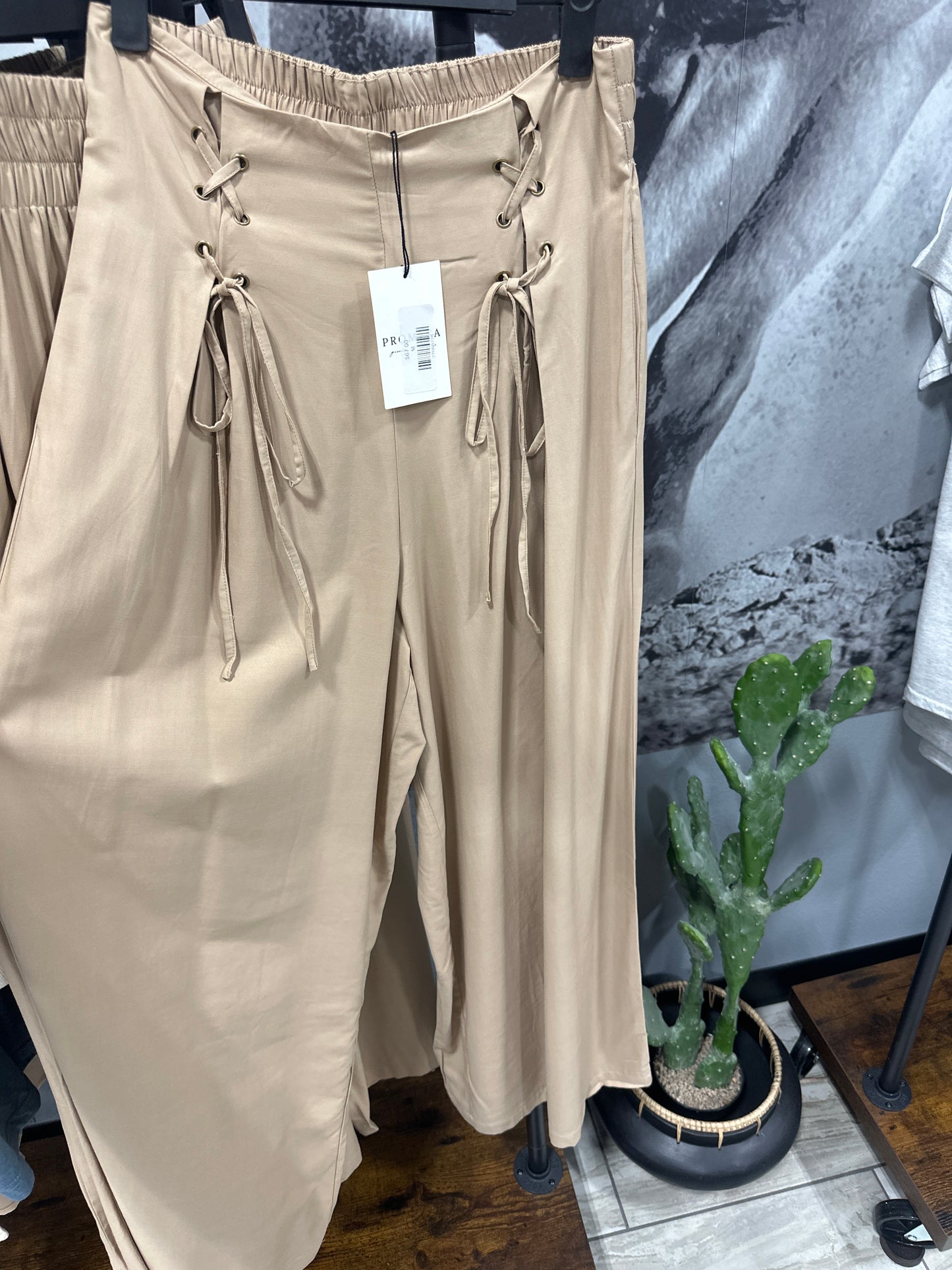 Tan Solid Pleated-Front Lace-Up Wide Leg Pants