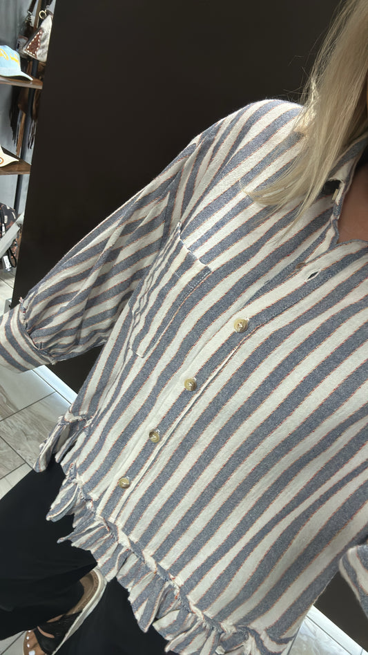 Striped Ruffle Long Sleeve Button Up