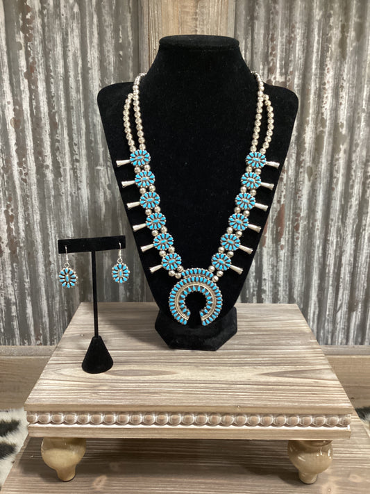 Turquoise and White Buffalo Reversible Squash Blossom