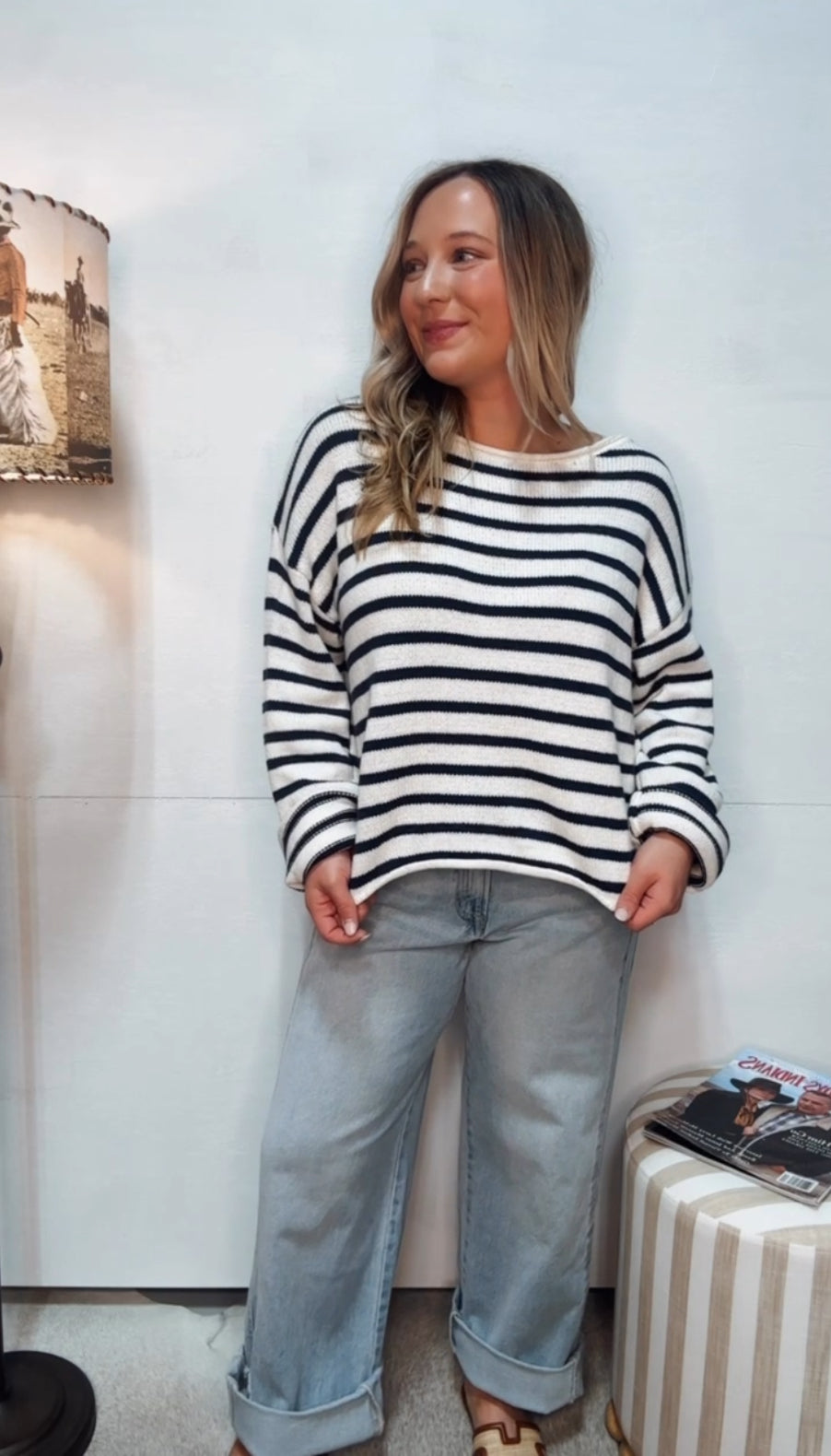 Knit Cotton Sweater Stripe Top Navy