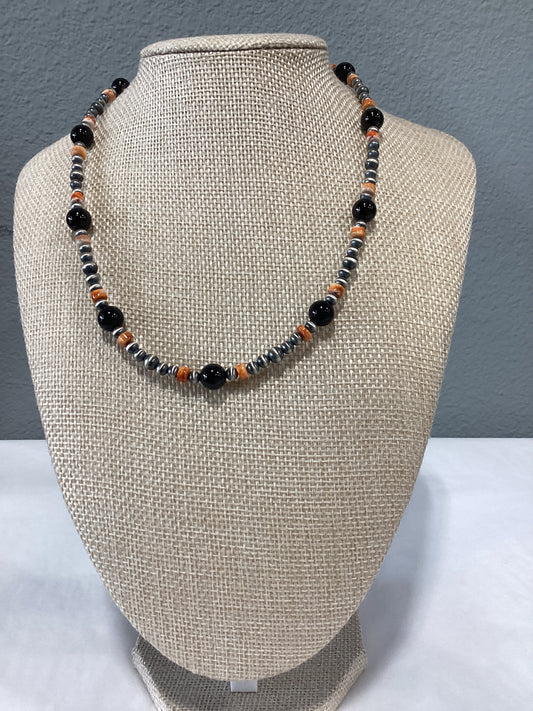 Orange Spiney / Black Onyx / SS Pearl Necklace 16”