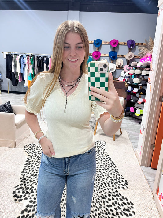 Ruffled V-Neckline Puff Short Sleeve Top