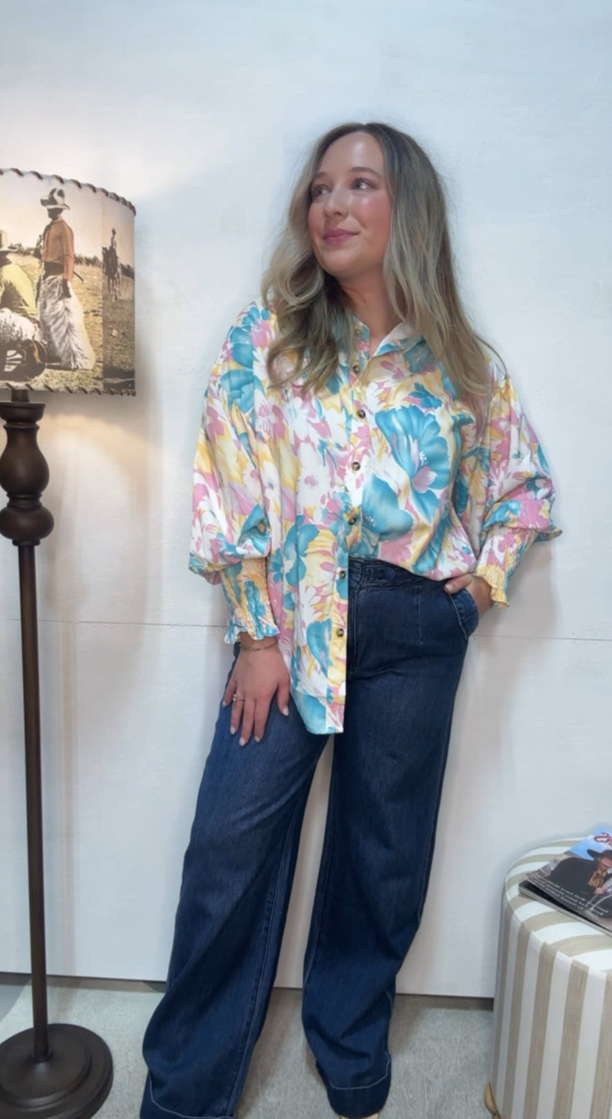Floral Shirred Cuff Oversized Shirt: Yellow