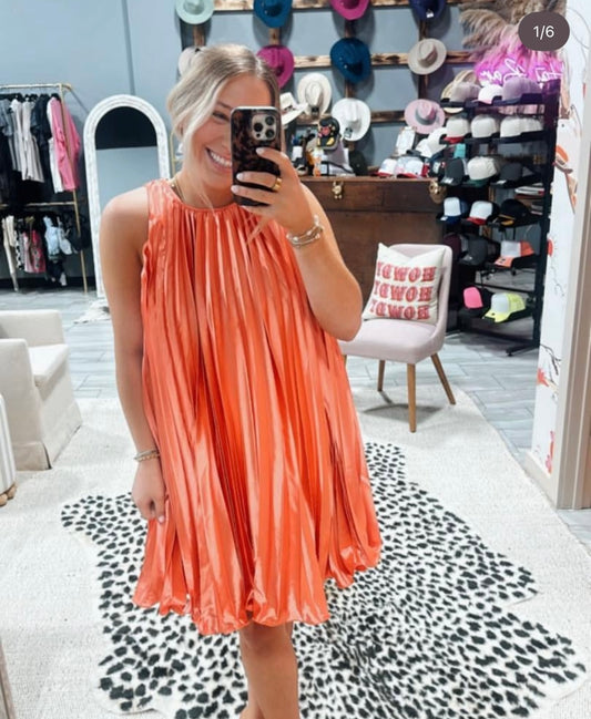 Sherbet coral pleated dress