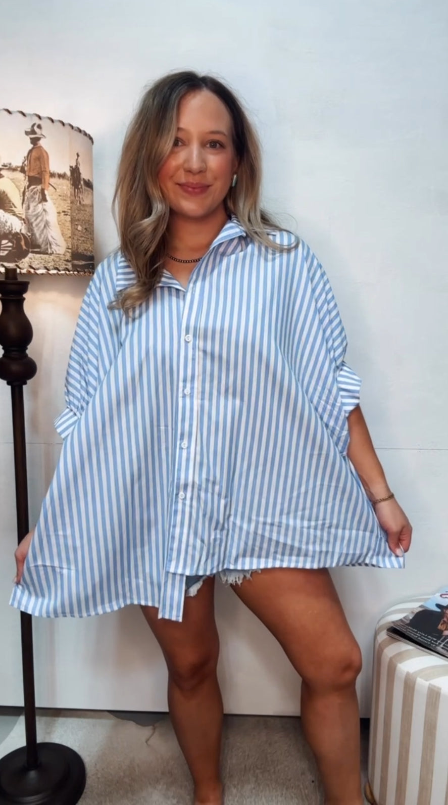 Stripe Dolman Sleeve Oversize Shirt: Sky Blue Stripe