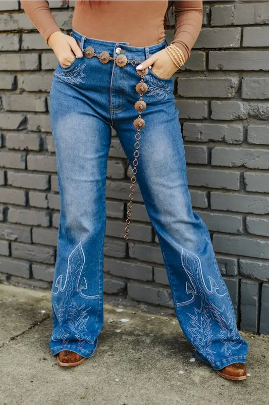 Stone Wash High Rise Boot Stitch Embroidered Flare Jeans