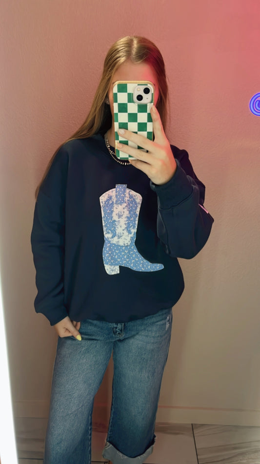 Patchword Cowboy Boots Crew Neck