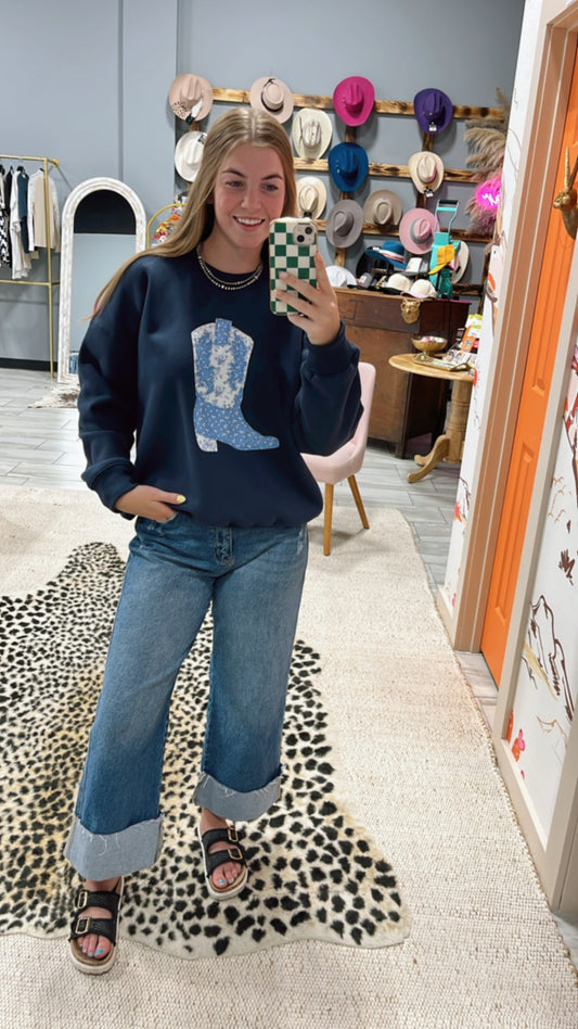 Patchword Cowboy Boots Crew Neck