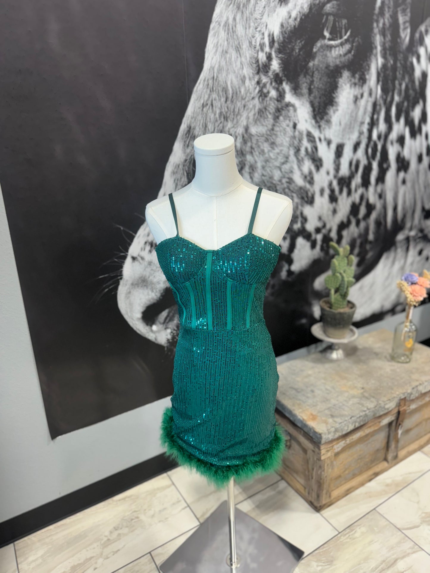 Emerald Sequin Mini Dress with Feather Hem