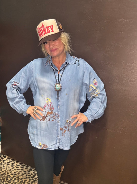 Denim Embroidered Button Down