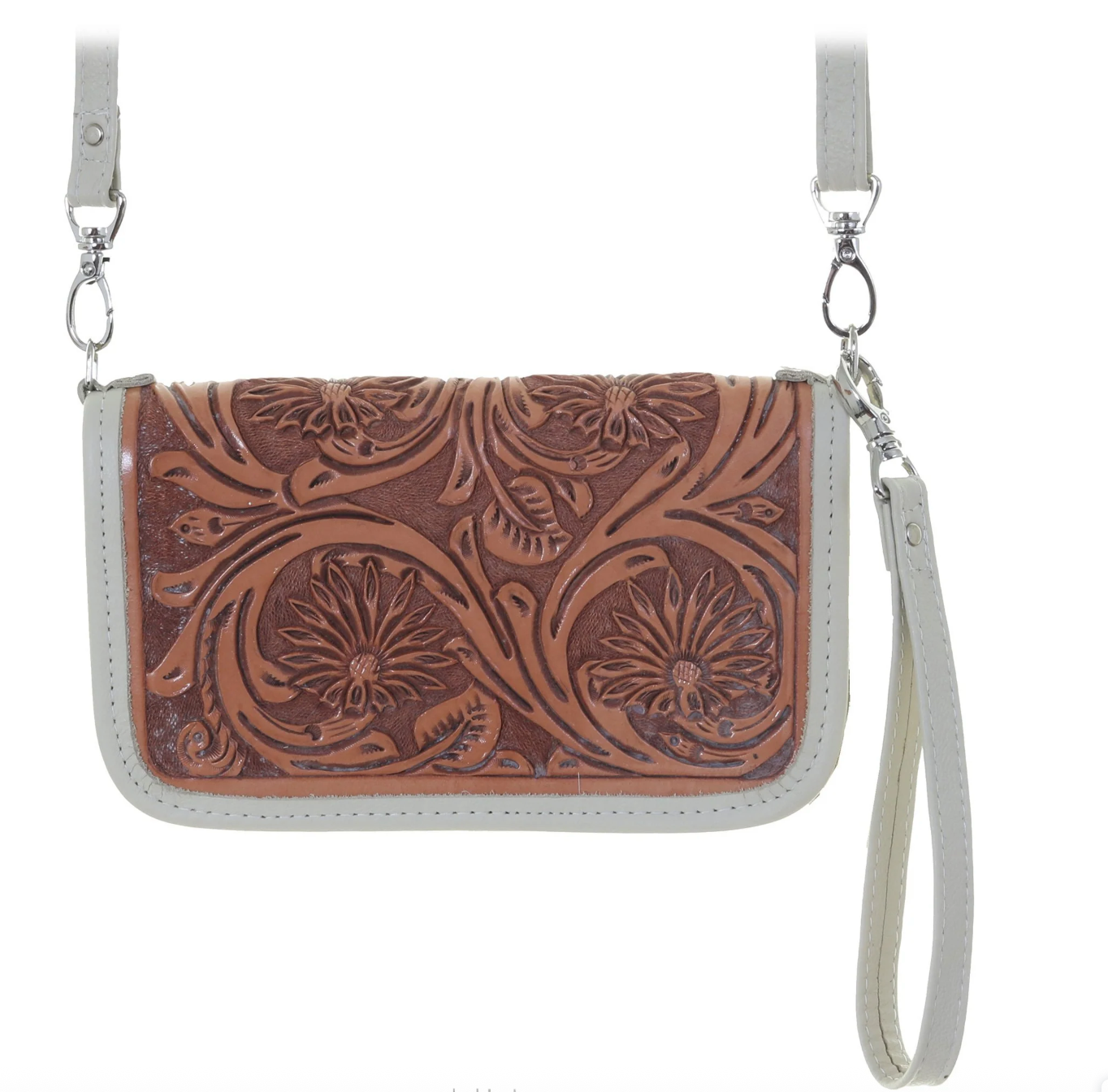Natural Leather Daisy Tooled Clutch