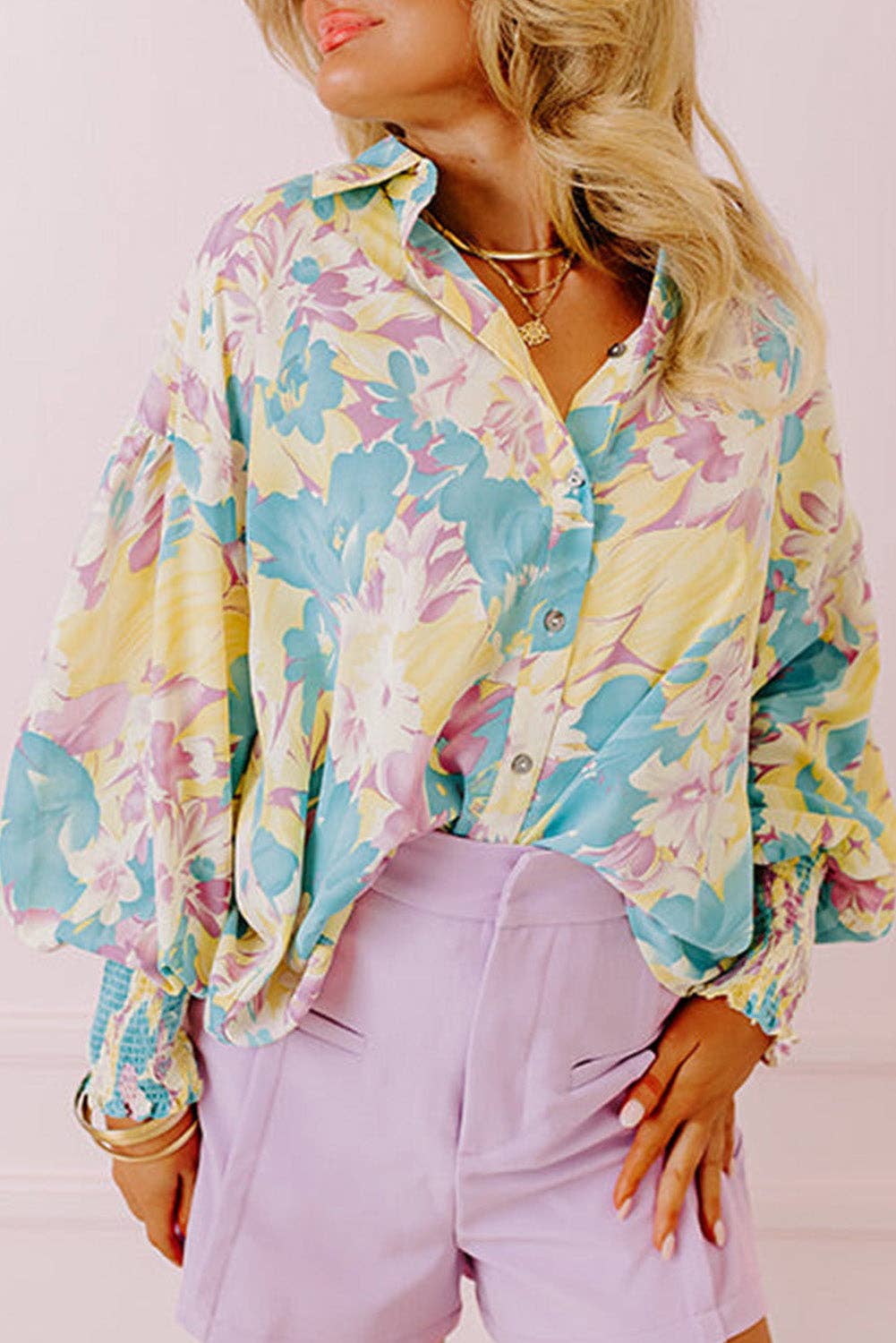 Floral Shirred Cuff Oversized Shirt: Yellow