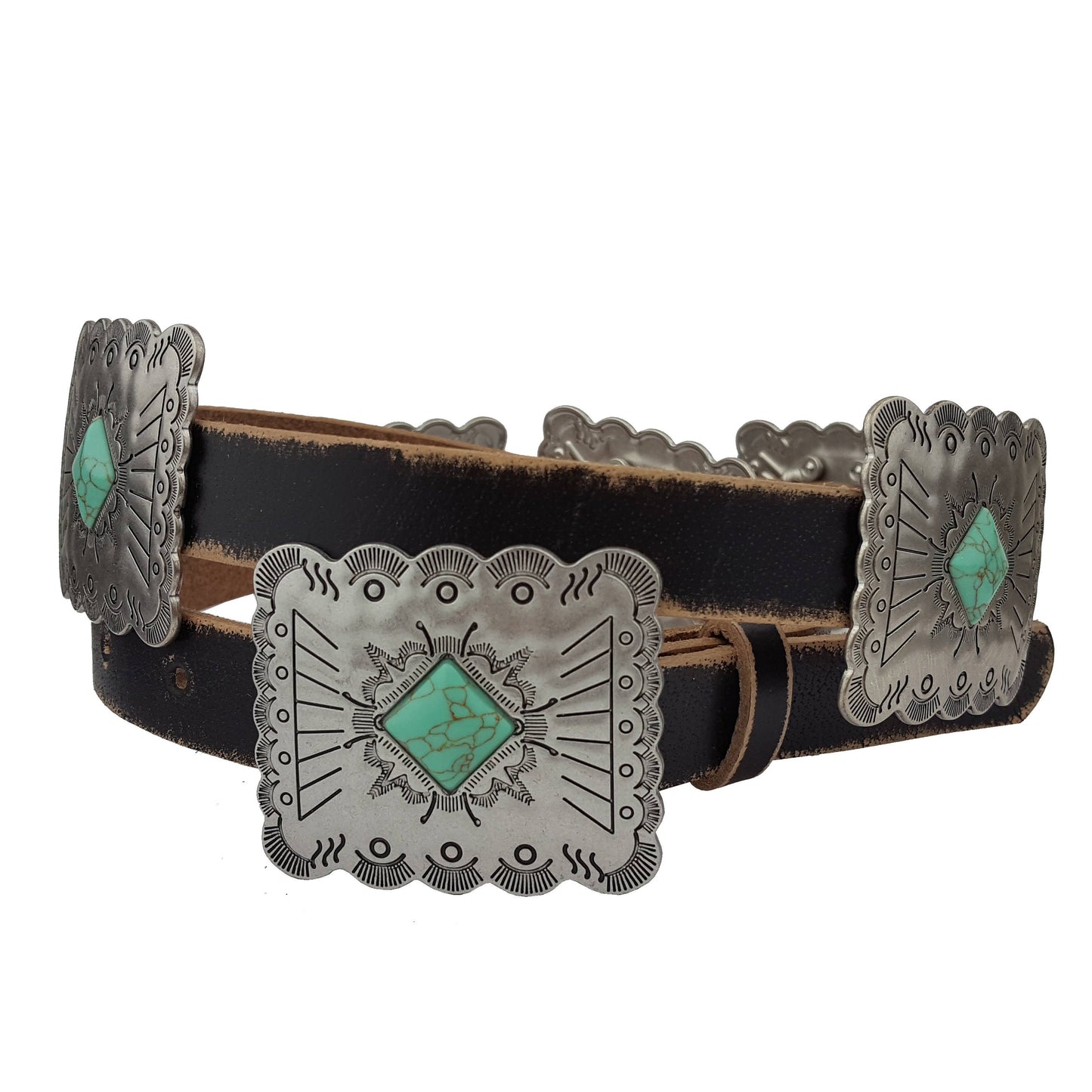 Western Genuine Distressed Leather belt w.Rectangular concho