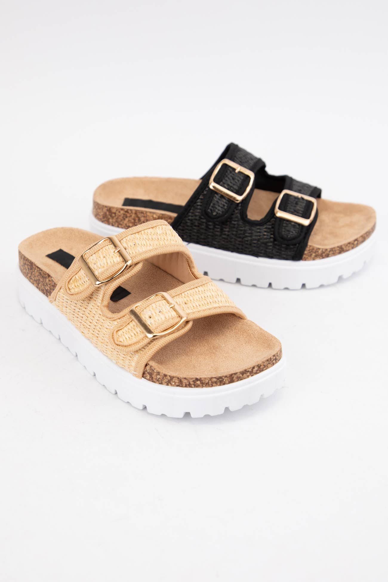 Raffia Double Strap Platfom Sandal - Beige